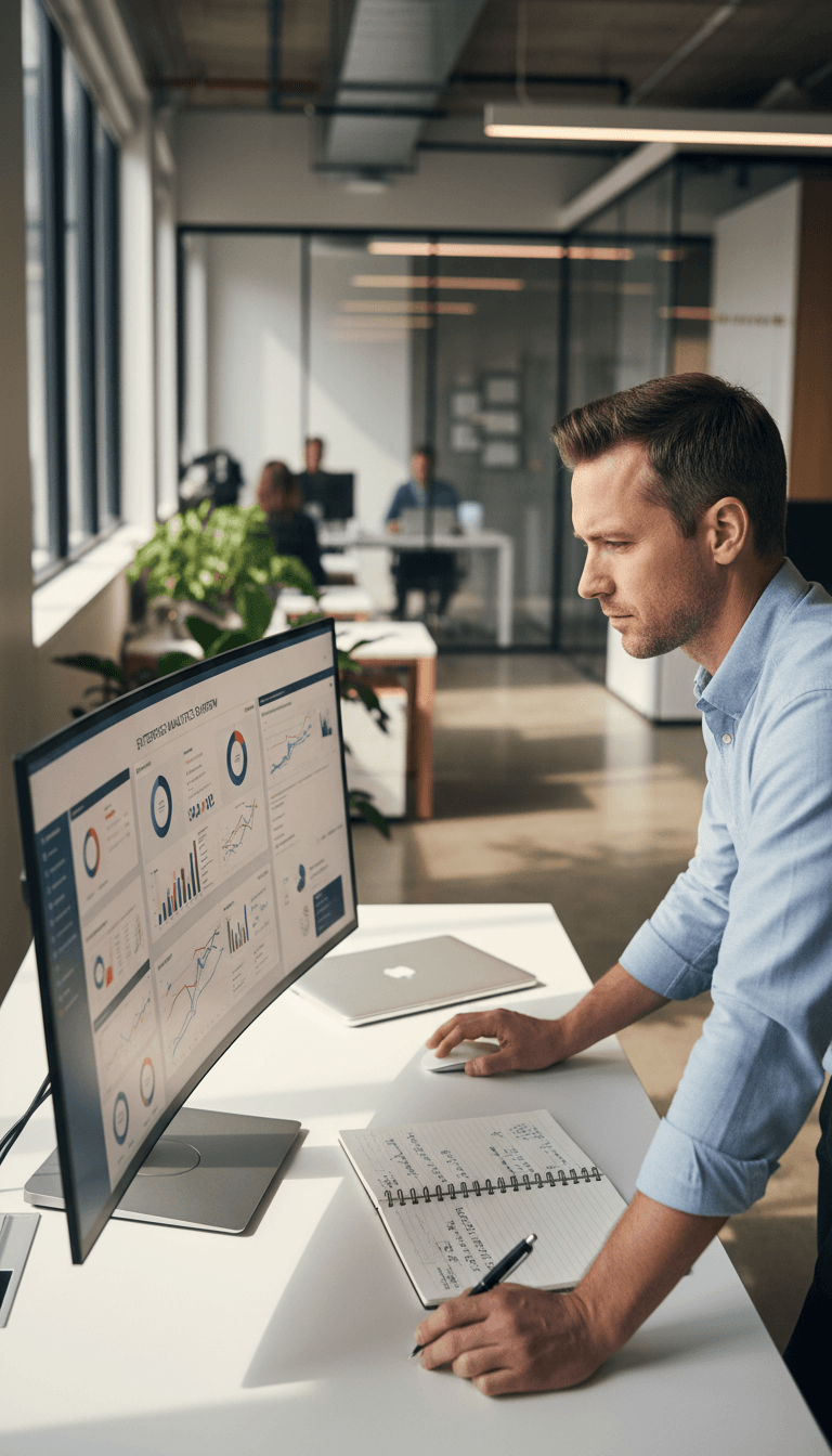 A bright, modern office aesthetic medium shot of a business consultant reviewing ERP system dashboards on a desktop monitor